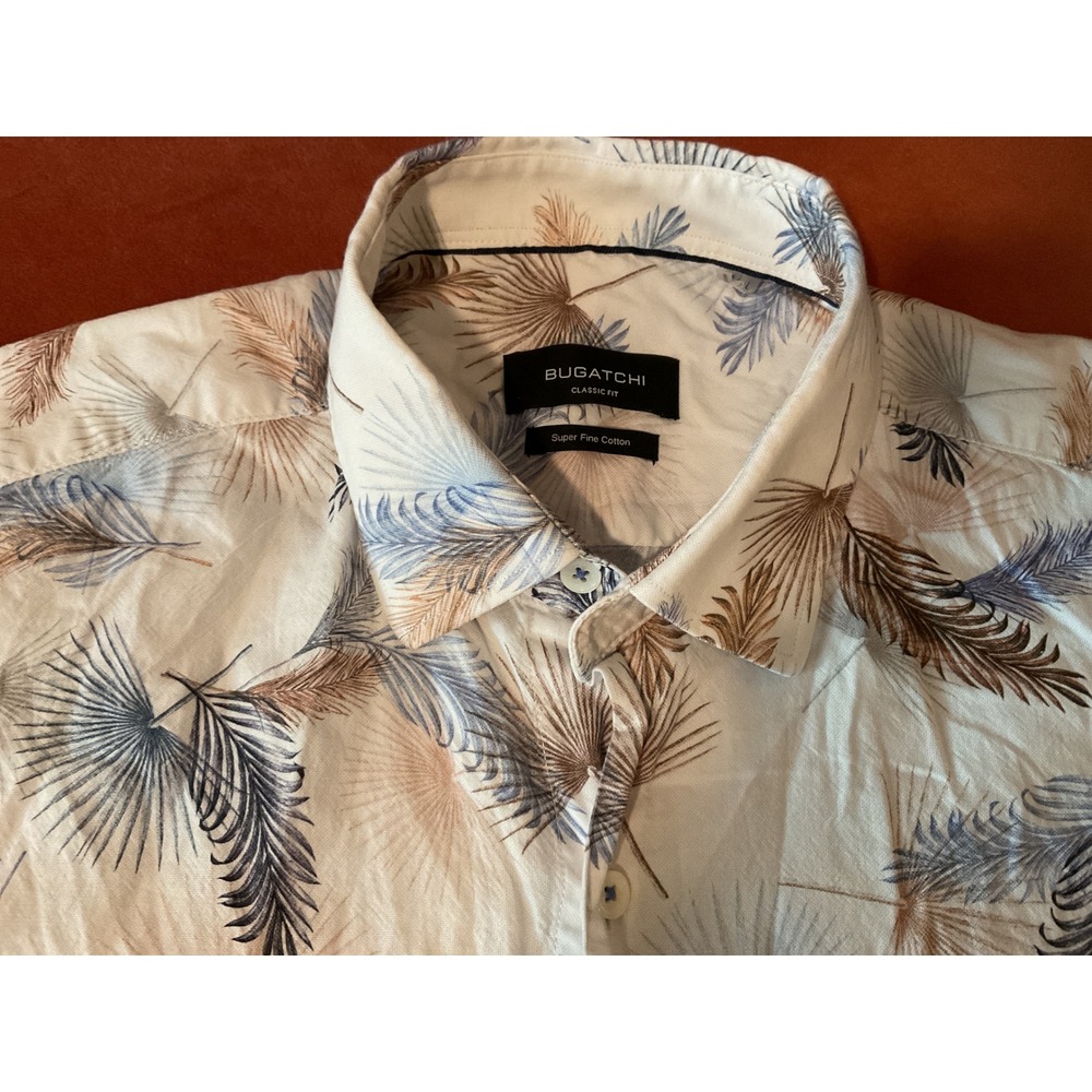 Bugatchi Classic Fit White Tropical Palm Feather Print Cotton Shirt Mens XL